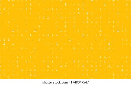 Seamless background pattern of evenly spaced white sea anchor symbols of different sizes and opacity. Vector illustration on amber background with stars