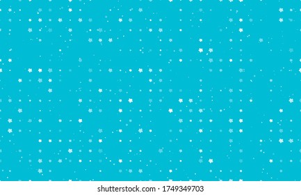 Seamless background pattern of evenly spaced white forget-me-not flowers of different sizes and opacity. Vector illustration on cyan background with stars