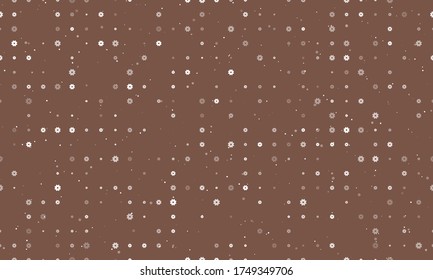Seamless background pattern of evenly spaced white gear symbols of different sizes and opacity. Vector illustration on brown background with stars