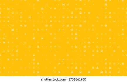 Seamless background pattern of evenly spaced white skulls of different sizes and opacity. Vector illustration on amber background with stars