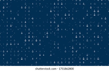 Seamless background pattern of evenly spaced white sea anchor symbols of different sizes and opacity. Vector illustration on dark blue background with stars