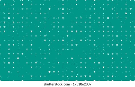 Seamless background pattern of evenly spaced white bell symbols of different sizes and opacity. Vector illustration on teal background with stars