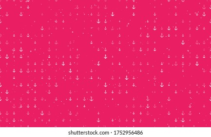 Seamless background pattern of evenly spaced white sea anchor symbols of different sizes and opacity. Vector illustration on pink background with stars