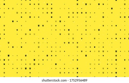 Seamless background pattern of evenly spaced black alarm clock symbols of different sizes and opacity. Vector illustration on yellow background with stars