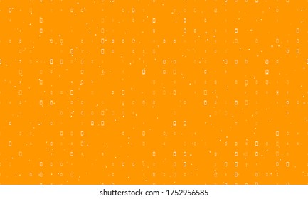 Seamless background pattern of evenly spaced white smartphone symbols of different sizes and opacity. Vector illustration on orange background with stars