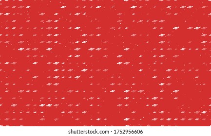Seamless background pattern of evenly spaced white saturn symbols of different sizes and opacity. Vector illustration on red background with stars