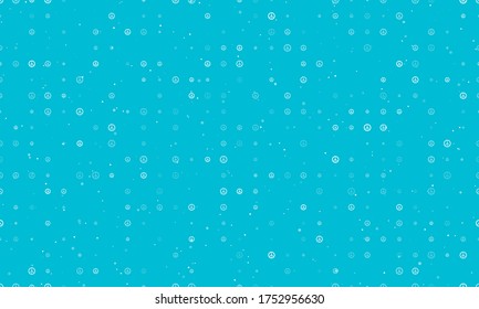 Seamless background pattern of evenly spaced white peace symbols of different sizes and opacity. Vector illustration on cyan background with stars