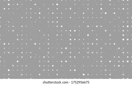 Seamless background pattern of evenly spaced white geraniums of different sizes and opacity. Vector illustration on grey background with stars
