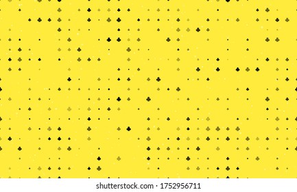 Seamless background pattern of evenly spaced black clubs of different sizes and opacity. Vector illustration on yellow background with stars