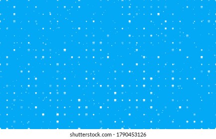 Seamless background pattern of evenly spaced white tooth symbols of different sizes and opacity. Vector illustration on light blue background with stars