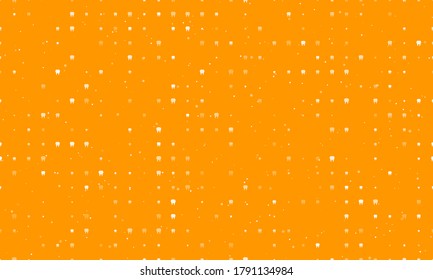 Seamless background pattern of evenly spaced white tooth symbols of different sizes and opacity. Vector illustration on orange background with stars