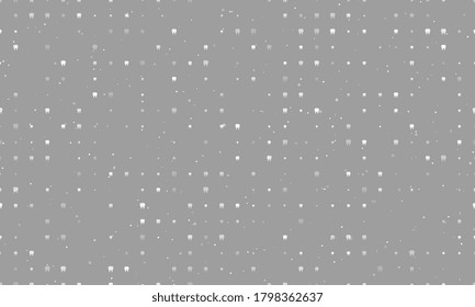 Seamless background pattern of evenly spaced white tooth symbols of different sizes and opacity. Vector illustration on grey background with stars