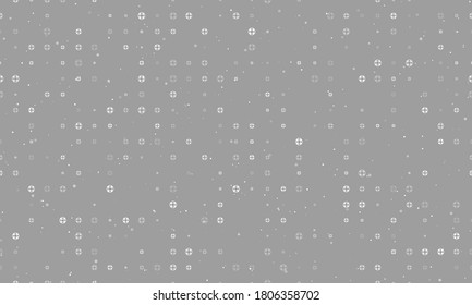 Seamless background pattern of evenly spaced white lifebuoy symbols of different sizes and opacity. Vector illustration on grey background with stars