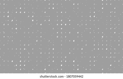 Seamless background pattern of evenly spaced white apple symbols of different sizes and opacity. Vector illustration on grey background with stars