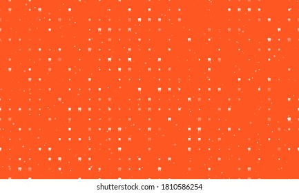 Seamless background pattern of evenly spaced white tooth symbols of different sizes and opacity. Vector illustration on deep orange background with stars
