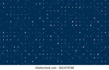 Seamless background pattern of evenly spaced white peeled banana symbols of different sizes and opacity. Vector illustration on dark blue background with stars