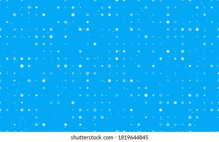 Seamless background pattern of evenly spaced white basketball symbols of different sizes and opacity. Vector illustration on light blue background with stars
