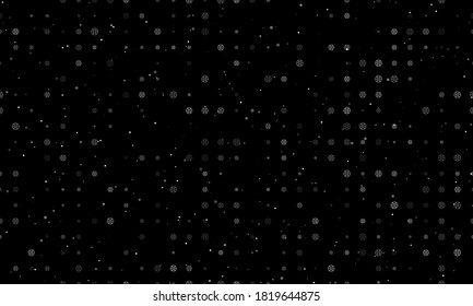 Seamless background pattern of evenly spaced white microcircuit symbols of different sizes and opacity. Vector illustration on black background with stars