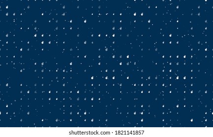 Seamless background pattern of evenly spaced white apple symbols of different sizes and opacity. Vector illustration on dark blue background with stars
