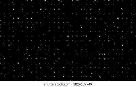 Seamless background pattern of evenly spaced white drum symbols of different sizes and opacity. Vector illustration on black background with stars