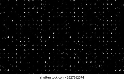 Seamless background pattern of evenly spaced white apple symbols of different sizes and opacity. Vector illustration on black background with stars