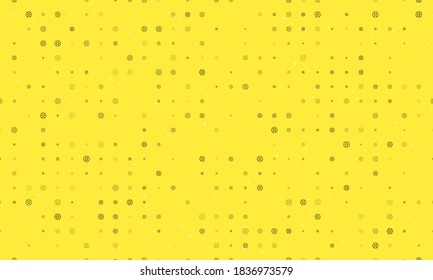 Seamless background pattern of evenly spaced black microcircuit symbols of different sizes and opacity. Vector illustration on yellow background with stars