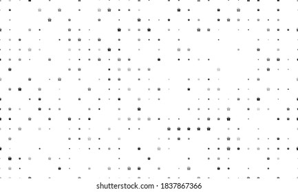Seamless background pattern of evenly spaced black gift symbols of different sizes and opacity. Vector illustration on white background