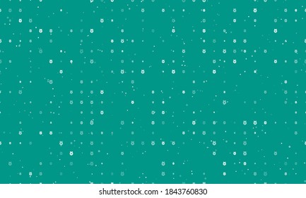 Seamless background pattern of evenly spaced white christmas wreath symbols of different sizes and opacity. Vector illustration on teal background with stars