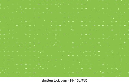 Seamless background pattern of evenly spaced white dumbbell symbols of different sizes and opacity. Vector illustration on light green background with stars