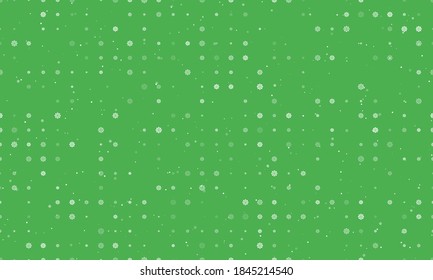 Seamless background pattern of evenly spaced white wheel symbols of different sizes and opacity. Vector illustration on green background with stars