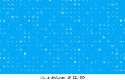 Seamless background pattern of evenly spaced white skulls of different sizes and opacity. Vector illustration on light blue background with stars