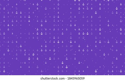 Seamless background pattern of evenly spaced white sea anchor symbols of different sizes and opacity. Vector illustration on deep purple background with stars