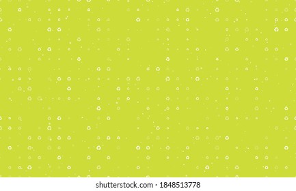 Seamless background pattern of evenly spaced white recycling symbols of different sizes and opacity. Vector illustration on lime background with stars