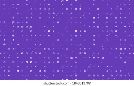 Seamless background pattern of evenly spaced white photo camera symbols of different sizes and opacity. Vector illustration on deep purple background with stars