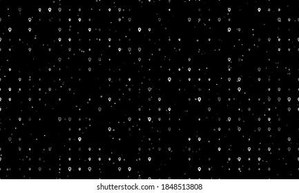 Seamless background pattern of evenly spaced white location symbols of different sizes and opacity. Vector illustration on black background with stars