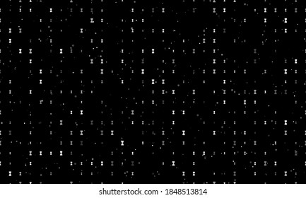 Seamless background pattern of evenly spaced white hourglass symbols of different sizes and opacity. Vector illustration on black background with stars