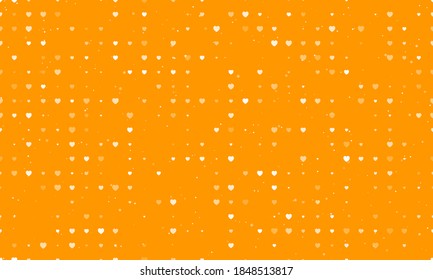 Seamless background pattern of evenly spaced white hearts of different sizes and opacity. Vector illustration on orange background with stars