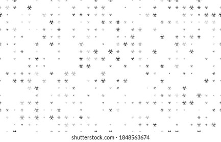 Seamless background pattern of evenly spaced black biohazard symbols of different sizes and opacity. Vector illustration on white background