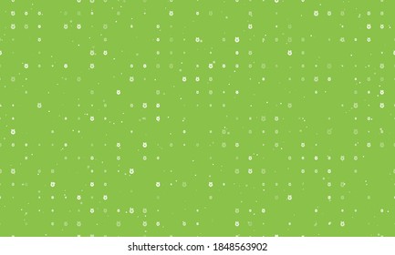Seamless background pattern of evenly spaced white christmas wreath symbols of different sizes and opacity. Vector illustration on light green background with stars