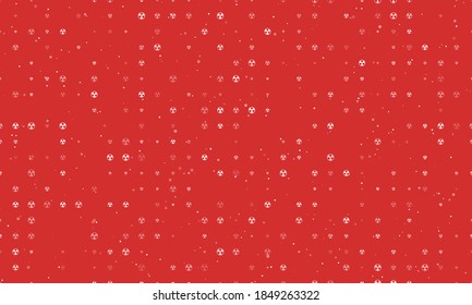 Seamless background pattern of evenly spaced white radiation symbols of different sizes and opacity. Vector illustration on red background with stars