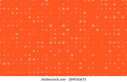 Seamless background pattern of evenly spaced white skulls of different sizes and opacity. Vector illustration on deep orange background with stars