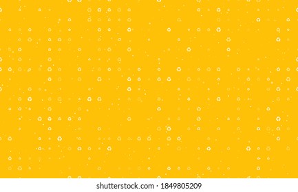 Seamless background pattern of evenly spaced white recycling symbols of different sizes and opacity. Vector illustration on amber background with stars