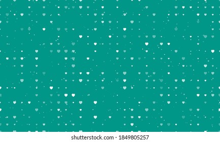 Seamless background pattern of evenly spaced white hearts of different sizes and opacity. Vector illustration on teal background with stars