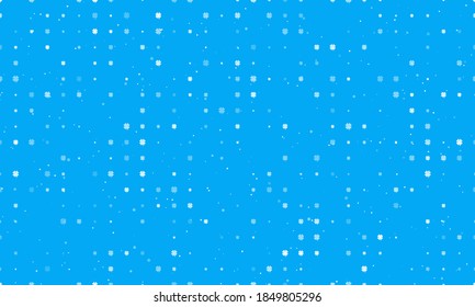 Seamless background pattern of evenly spaced white four-leaf clover symbols of different sizes and opacity. Vector illustration on light blue background with stars