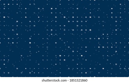 Seamless background pattern of evenly spaced white man with woman symbols of different sizes and opacity. Vector illustration on dark blue background with stars