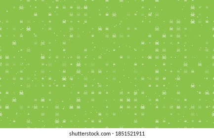 Seamless background pattern of evenly spaced white skulls of different sizes and opacity. Vector illustration on light green background with stars