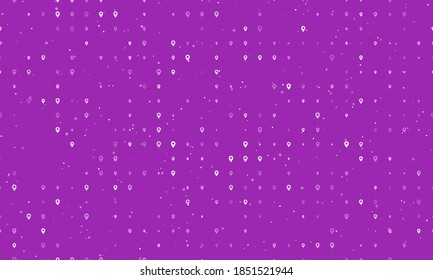 Seamless background pattern of evenly spaced white location symbols of different sizes and opacity. Vector illustration on purple background with stars