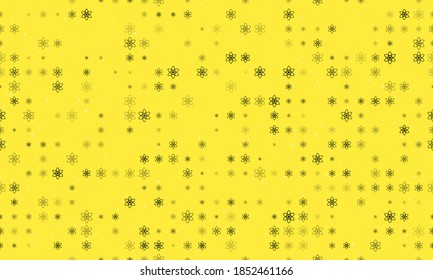 Seamless background pattern of evenly spaced black atomic symbols of different sizes and opacity. Vector illustration on yellow background with stars