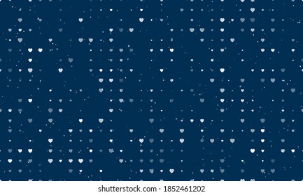 Seamless background pattern of evenly spaced white hearts of different sizes and opacity. Vector illustration on dark blue background with stars