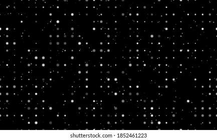 Seamless background pattern of evenly spaced white coronavirus symbols of different sizes and opacity. Vector illustration on black background with stars